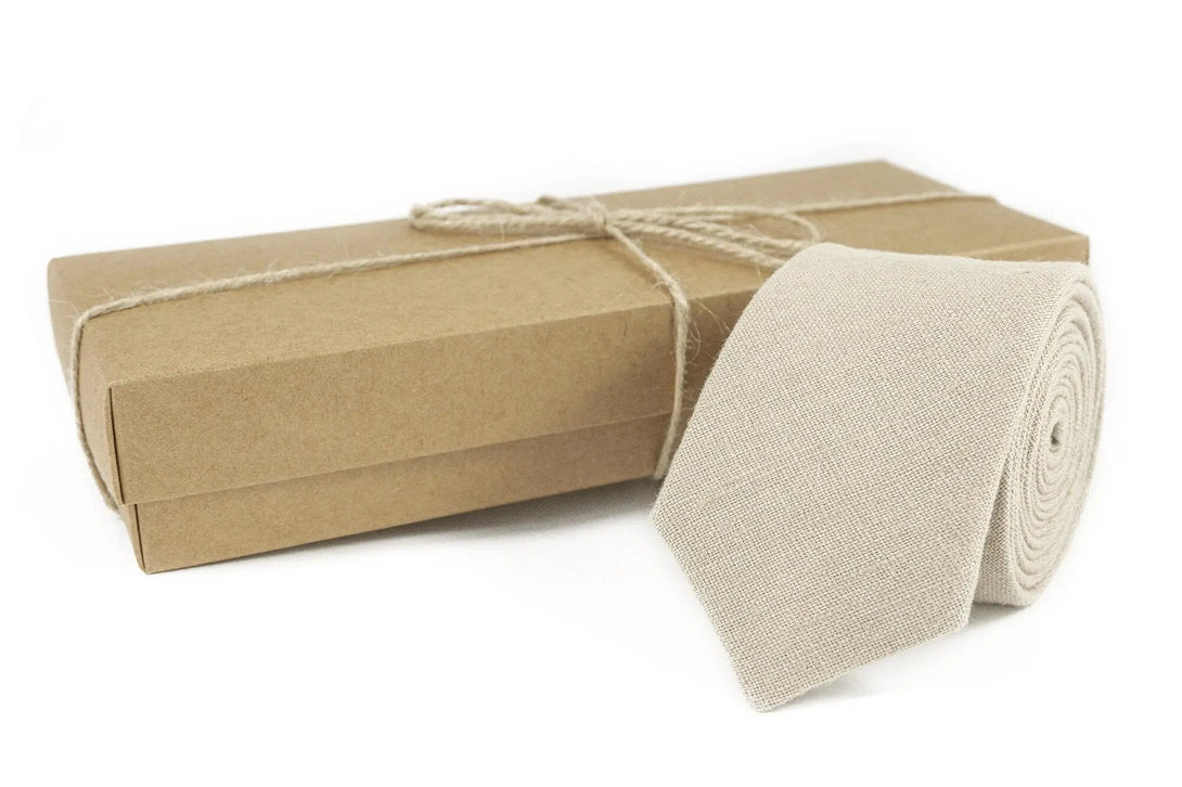 Beige color linen ties for men available with matching pocket square / Skinny and slim neckties