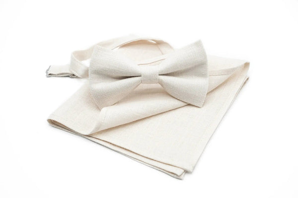 IVORY color pre-tied linen groomsmen bow ties for boho or classic weddings available with matching handkerchief / IVORY color best men ties