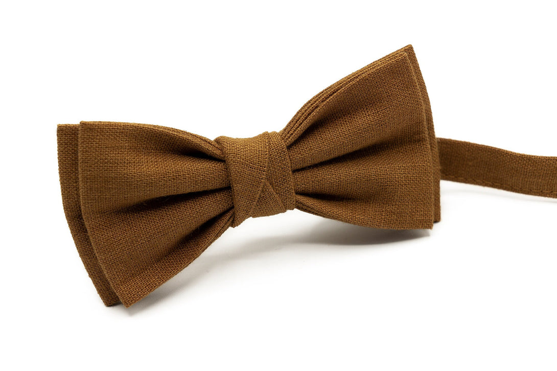 Cinnamon color pre-tied butterfly bow ties and neckties for men or toddler baby boys available with matching pocket square