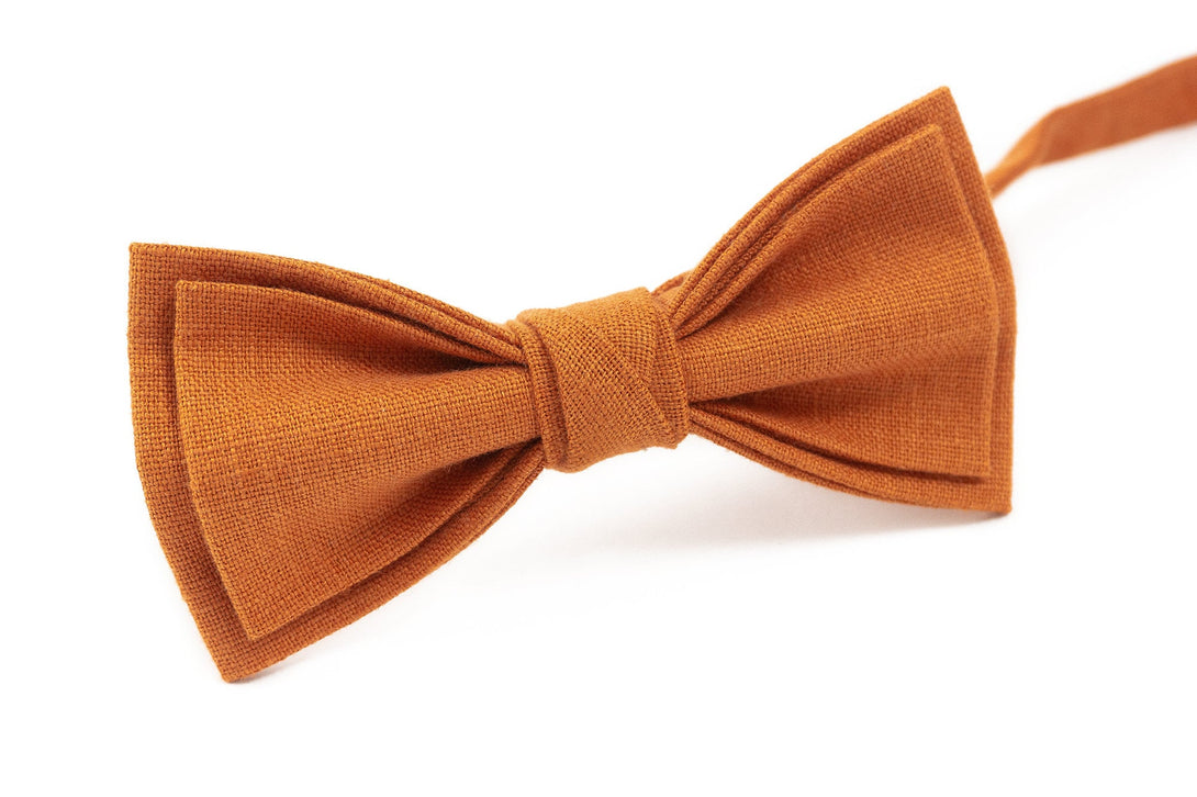 Burnt orange pre-tied bow ties for men made from eco-friendly linen