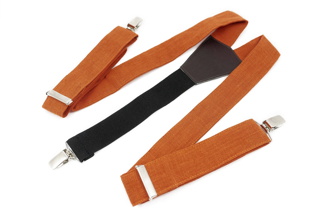 Burnt orange pre-tied bow ties for men made from eco-friendly linen