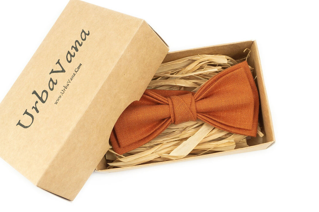 Burnt orange pre-tied bow ties for men made from eco-friendly linen