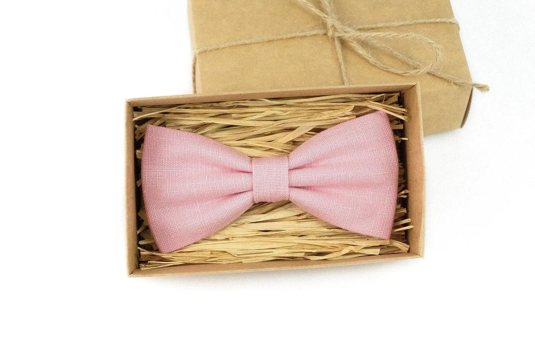 Pink color handmade linen wedding bow ties for groomsman and groom available with matching pocket square