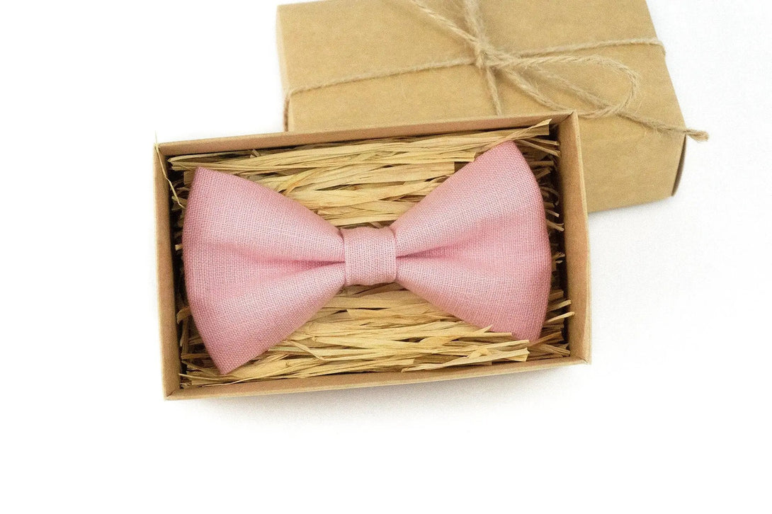 Pink color linen pre-tied wedding bow ties for groomsman / Baby shower gift for daddy and son bow ties