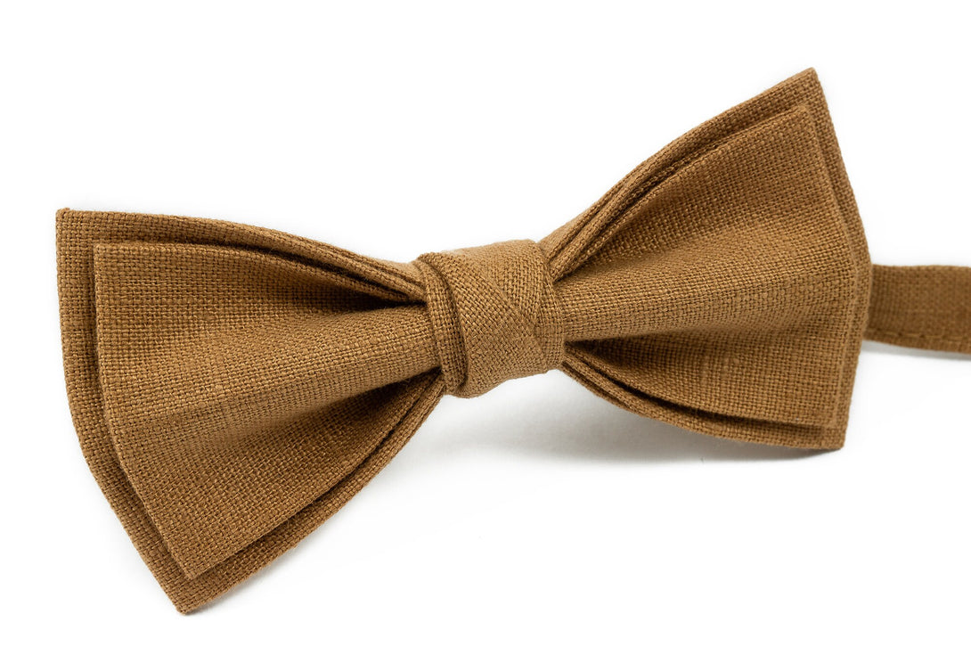 Camel color pre-tied bow ties for men made from eco-friendly linen