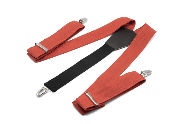 Red Brick Y-back wedding suspenders for groomsmen and groom / Red Brick linen braces for men and boys