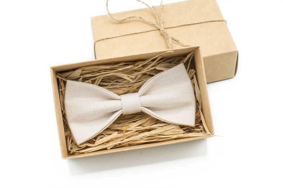 Ivory pre-tied men's bow ties available with matching handkerchief and made from eco-friendly linen