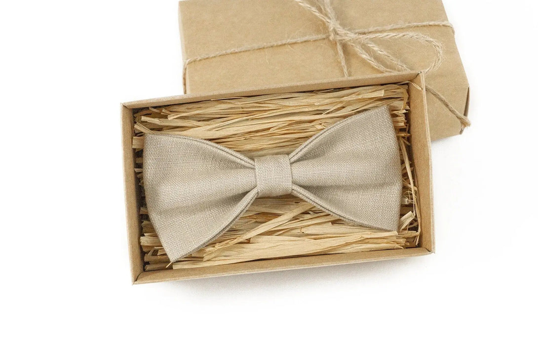 Beige color linen ties for men available with matching pocket square / Skinny and slim neckties