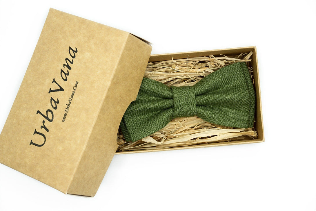 Olive green linen butterfly bow ties for men and toddler boys available with matching handkerchief / Olive green wedding neckties for men