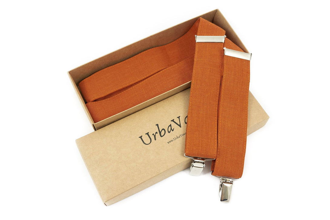 Burnt orange Y-back wedding suspenders for groomsmen and groom