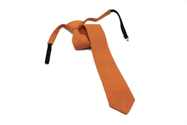 Burnt Orange Pre - Tied linen skinny wedding necktie for men available with matching pocket square / Pre - Tied Boy's Burnt orange necktie