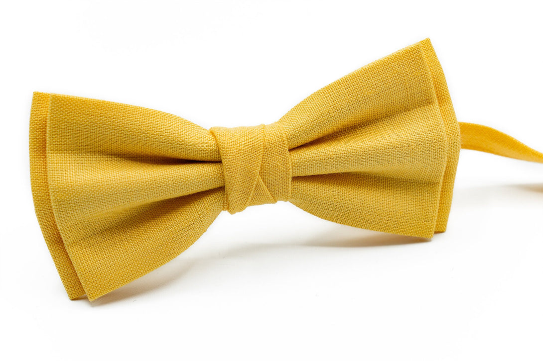 Bright Yellow linen butterfly wedding bow ties for groomsmen and ring bearer available with matching pocket square / Bright Yellow necktie