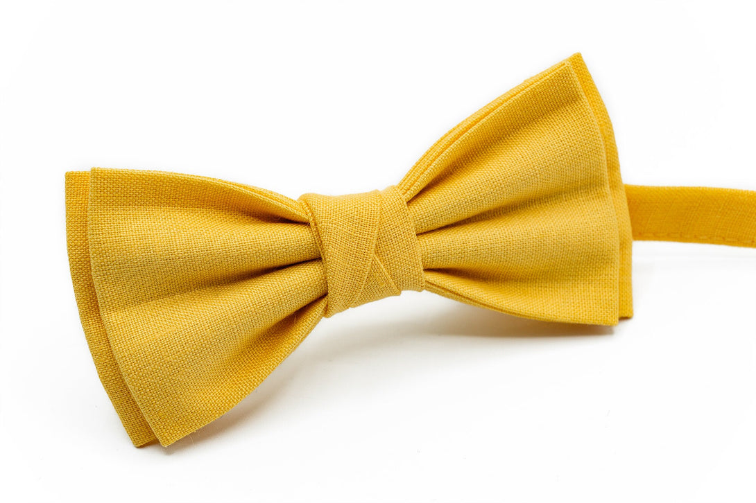 Bright Yellow linen bow ties for men and baby boys / Bright yellow groomsmen necktie for summer wedding available with matching handkerchief