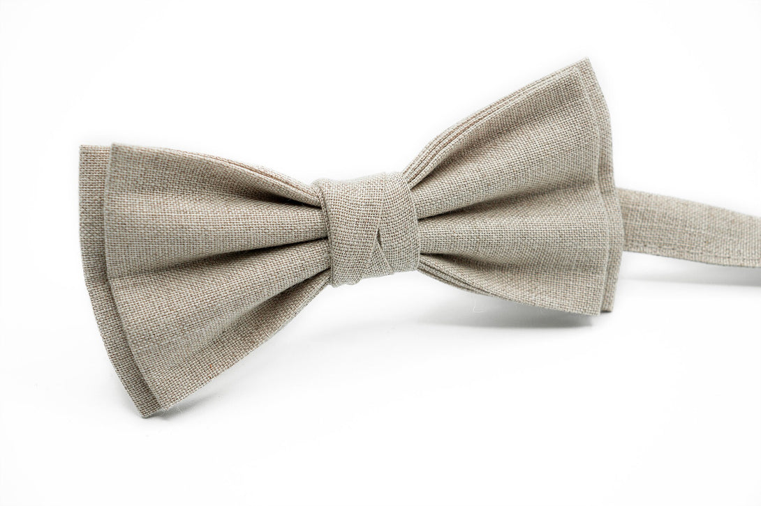 Natural linen color pre-tied butterfly bow ties for men and baby toddler boys available with matching pocket square / Gray necktie for men