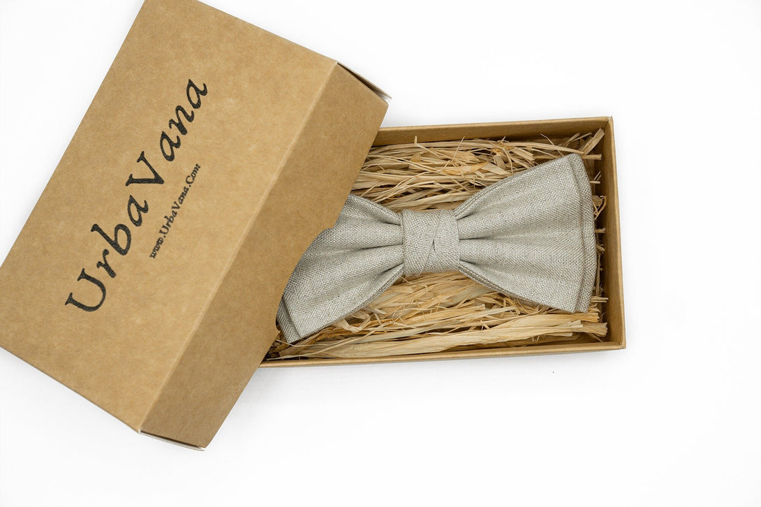 Natural linen color pre-tied butterfly bow ties for men and baby toddler boys available with matching pocket square / Gray necktie for men