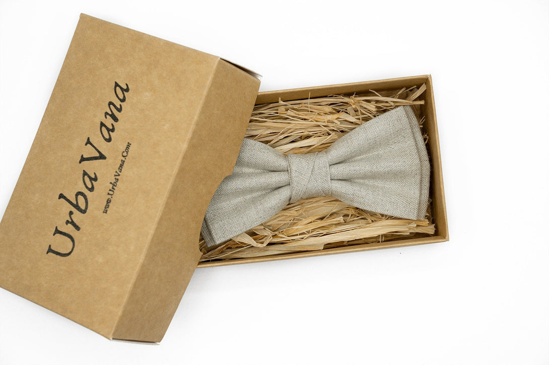 Natural linen color pre-tied butterfly wedding bow ties for groomsmen available with matching handkerchief / Gray skinny necktie for men