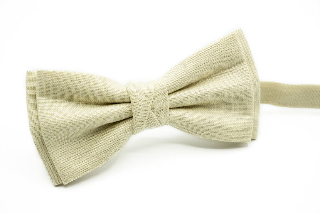 Sand color pre-tied butterfly groomsmen and ring bearer bow ties for summer weddings available with matching handkerchief or suspenders