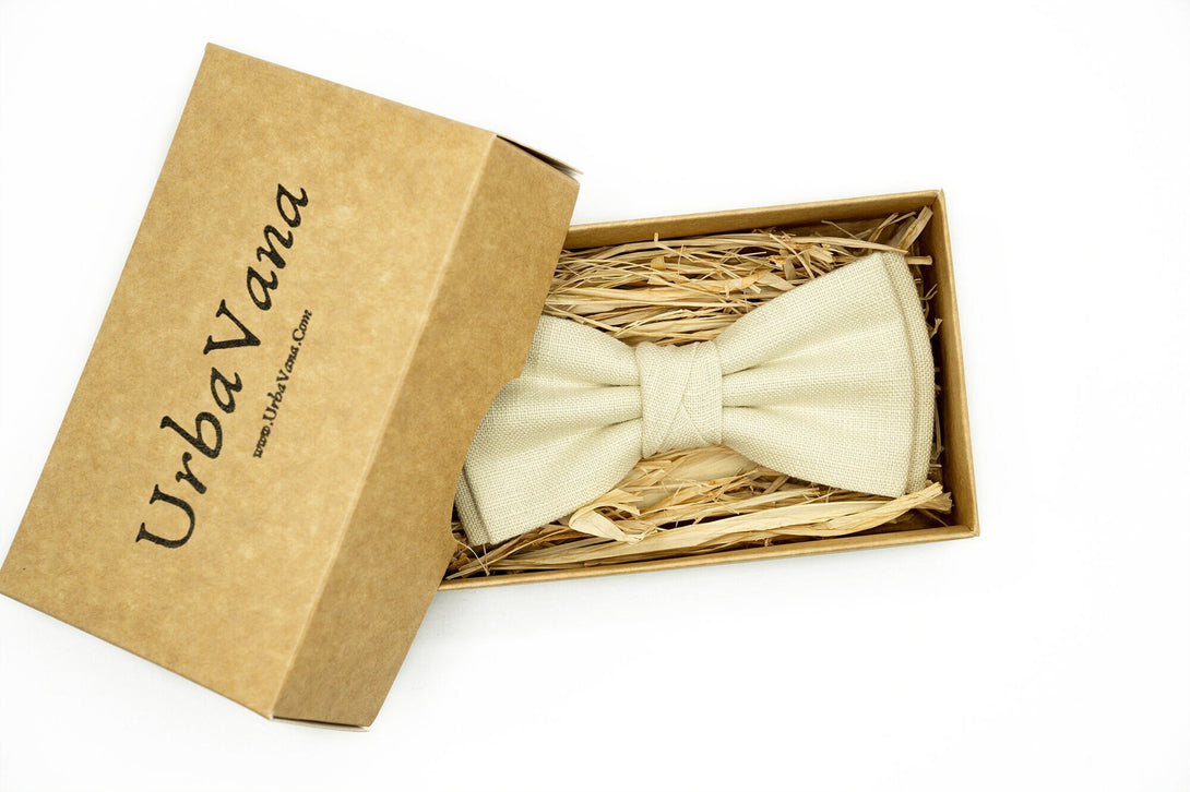 Sand color pre-tied butterfly groomsmen and ring bearer bow ties for summer weddings available with matching handkerchief or suspenders