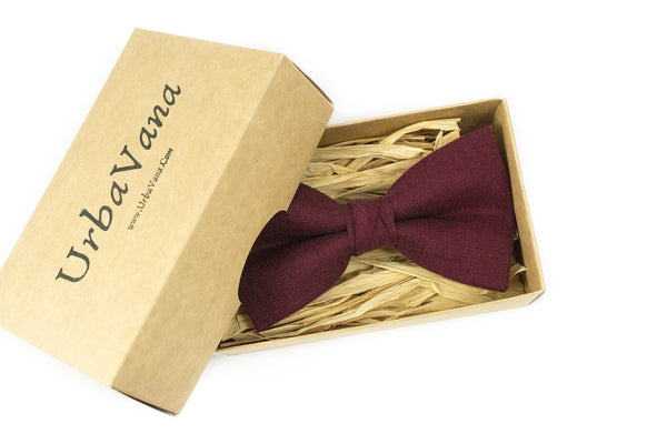 Plum color bow ties for weddings - linen pre-tied groomsmen bow ties