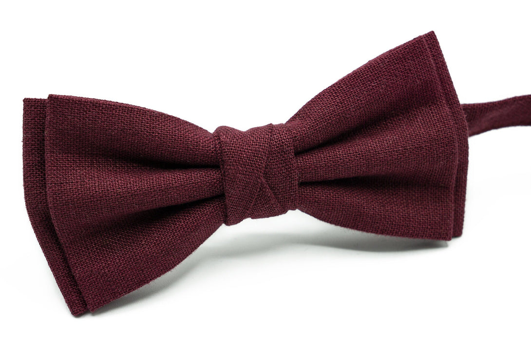 Plum color pre-tied butterfly groomsmen and groom bow ties for fall and winter weddings available with matching pocket square or suspenders