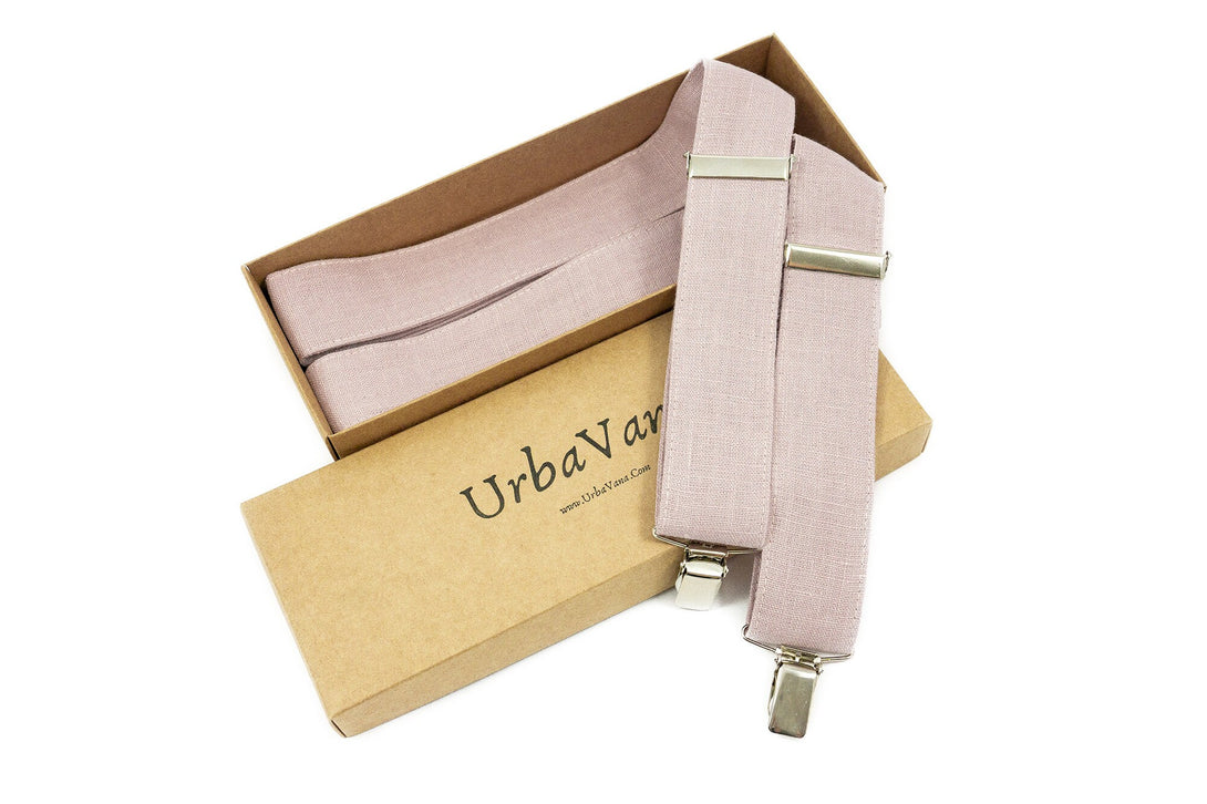 Dusty rose color adjustable Y-back linen wedding suspenders for groomsmen and groom