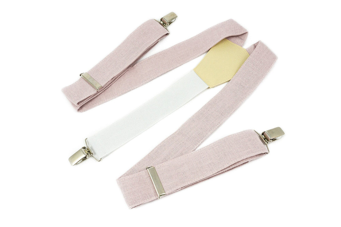 Dusty rose color adjustable Y-back linen wedding suspenders for groomsmen and groom