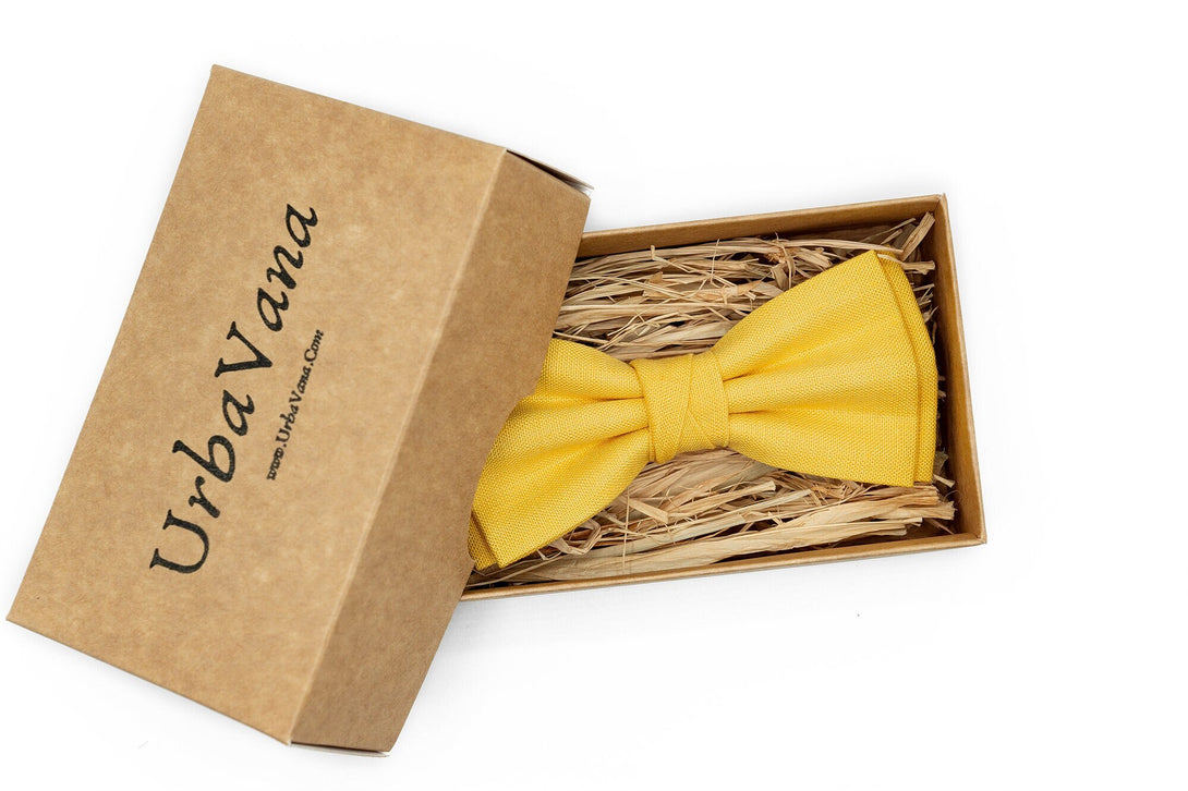 Bright Yellow linen butterfly wedding bow ties for groomsmen and ring bearer available with matching pocket square / Bright Yellow necktie