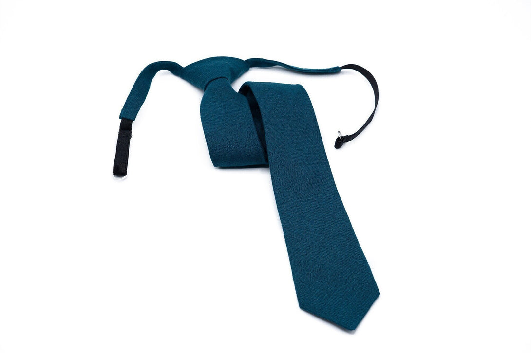 Ink Blue color Pre - Tied linen wedding necktie for men available with matching pocket square / Pre - Tied Boy's Ink Blue necktie