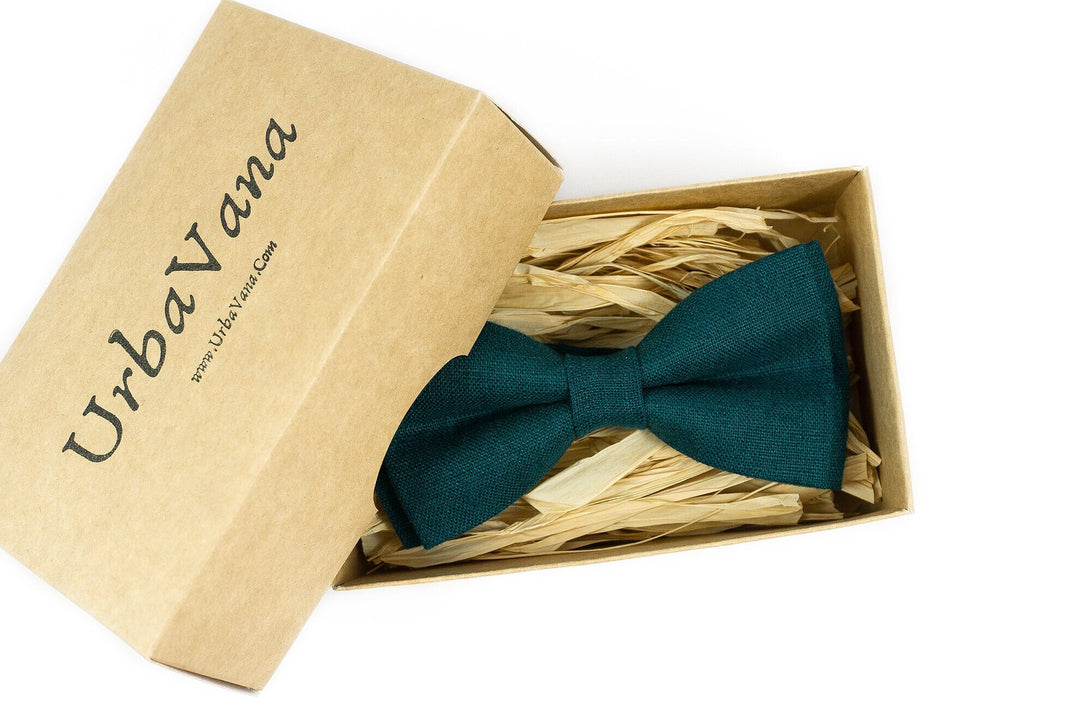 Teal green pre-tied linen bow ties for men and toddler boys