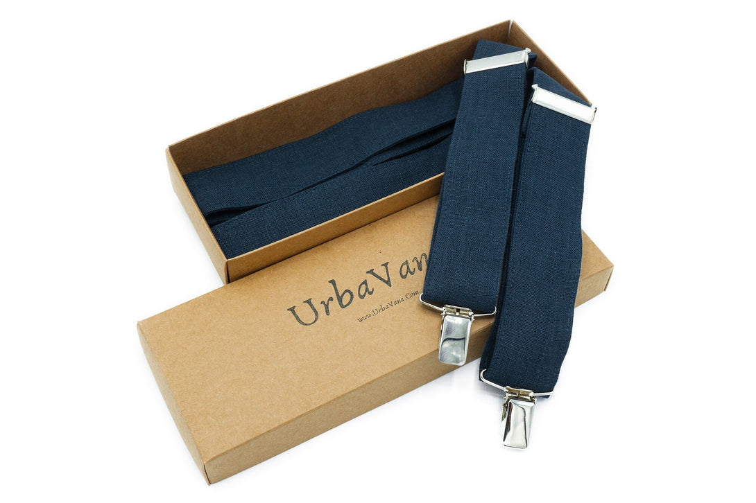 Midnight Blue Y-back wedding suspenders for groomsmen and groom/ Dark blue linen braces for men and boys