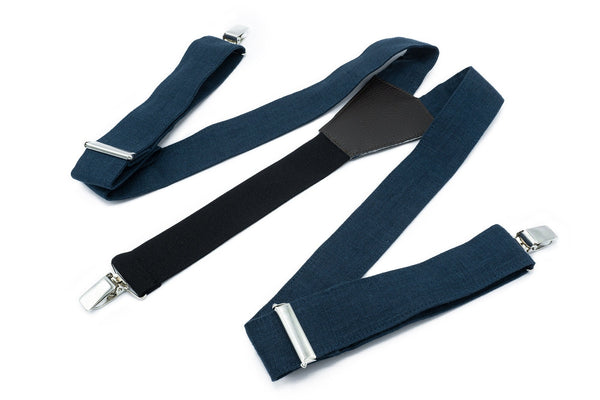 Midnight Blue Y-back wedding suspenders for groomsmen and groom/ Dark blue linen braces for men and boys