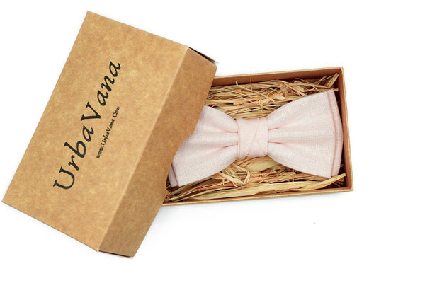 Petal Pink color linen butterfly wedding bow ties for groomsmen and groom gift available with matching pocket square or suspenders