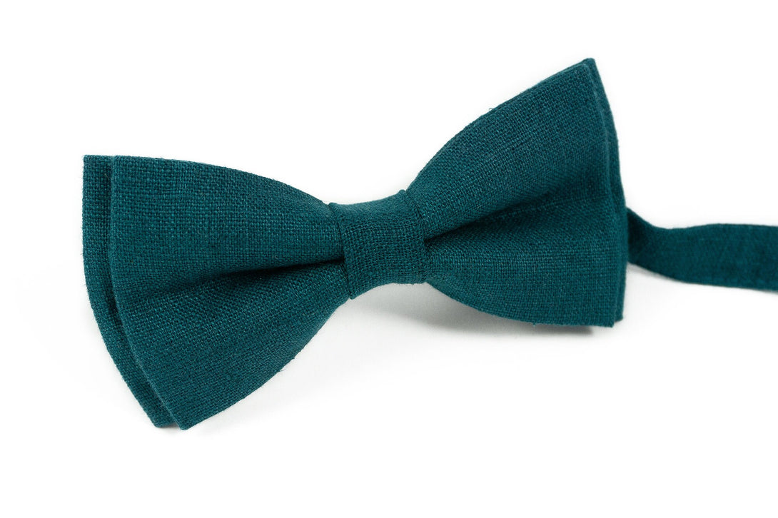 Teal green pre-tied linen bow ties for men and toddler boys