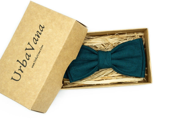 Teal green color pre-tied linen bow ties for men and toddler boys available with matching pocket square / Teal green wedding bow ties