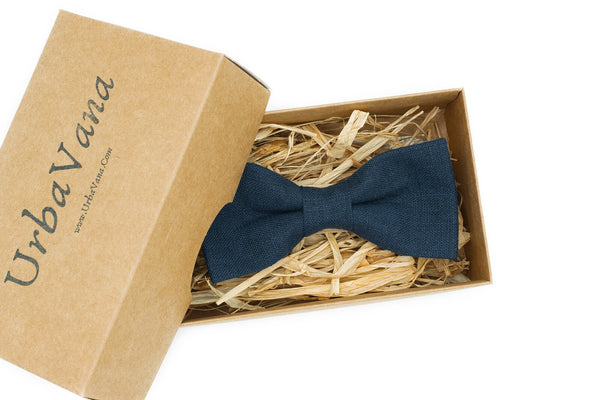 Midnight blue color linen bow ties for man and baby boys / Groomsmen and best men ties for wedding available with matching pocket square