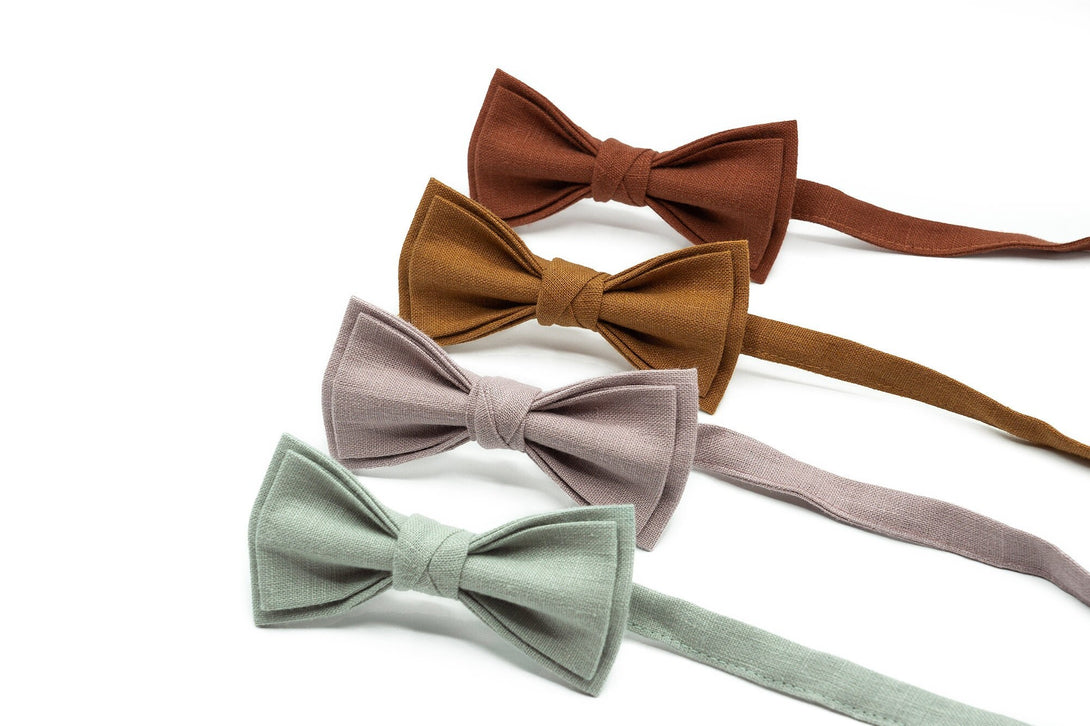 Custom color pretied linen bow ties for wedding available with matching pocket square / Dusty Sage green, Dark Mauve, Rust or Cinnamon ties