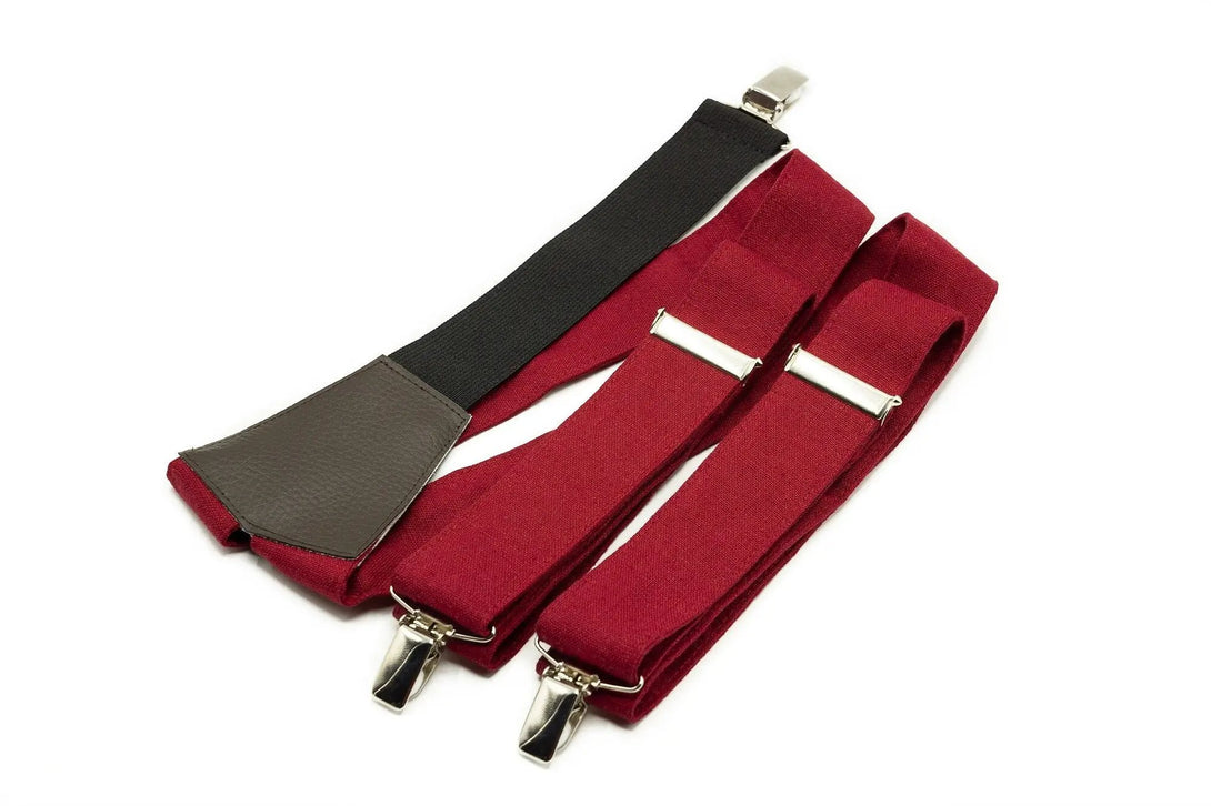 Burgundy Red linen Y-back suspender for men and boys available with matching pocket square / Dark Red wedding braces for groomsmen and groom