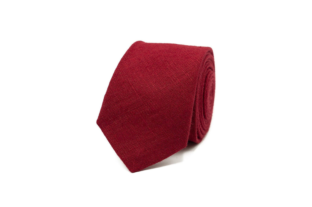 Burgundy red color wedding necktie for groomsmen gift / Dark Red Linen neckties for man available with matching pocket square