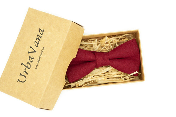 Burgundy red mens linen wedding bow ties