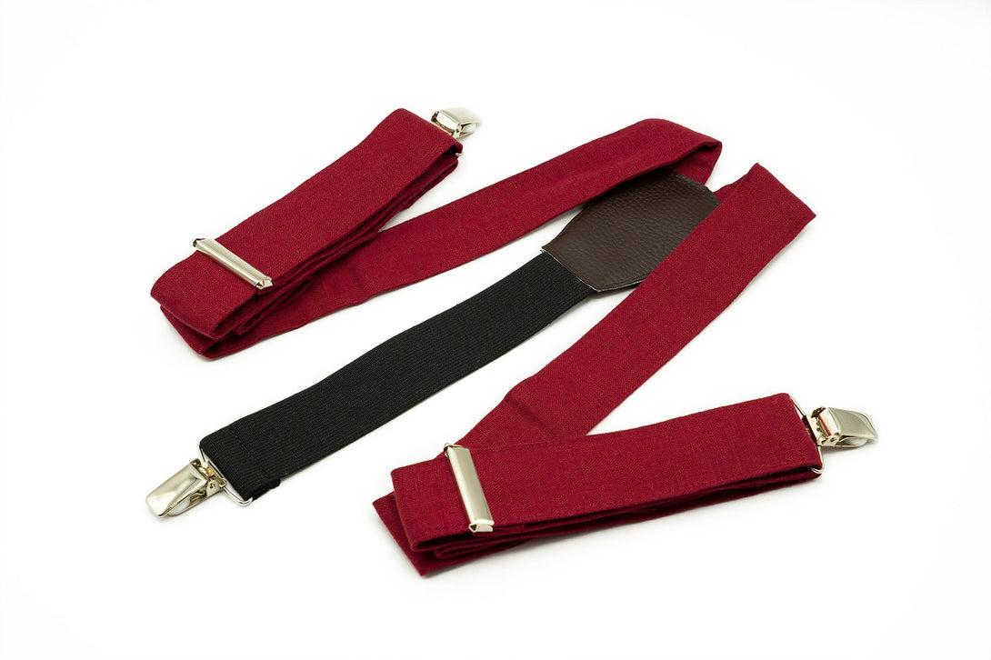 Burgundy Dark Red linen bow ties for men and toddler baby boys available with matching pocket square or suspenders / Lovely gift for men