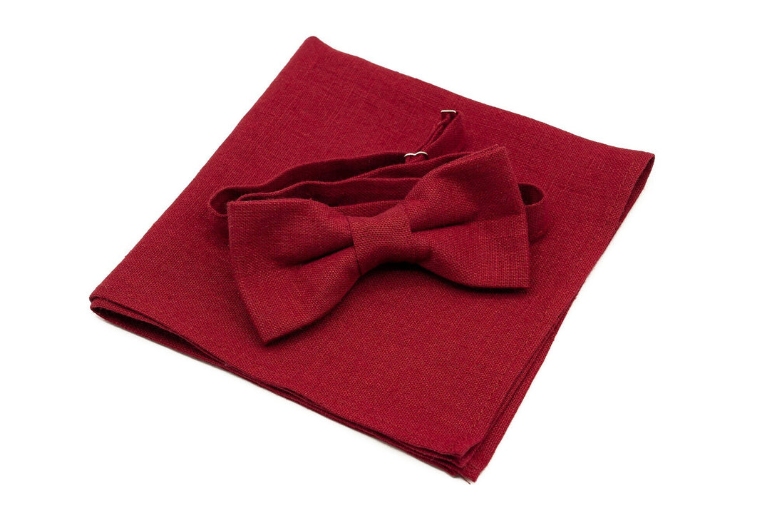 Burgundy Dark Red linen bow ties for men and toddler baby boys available with matching pocket square or suspenders / Lovely gift for men