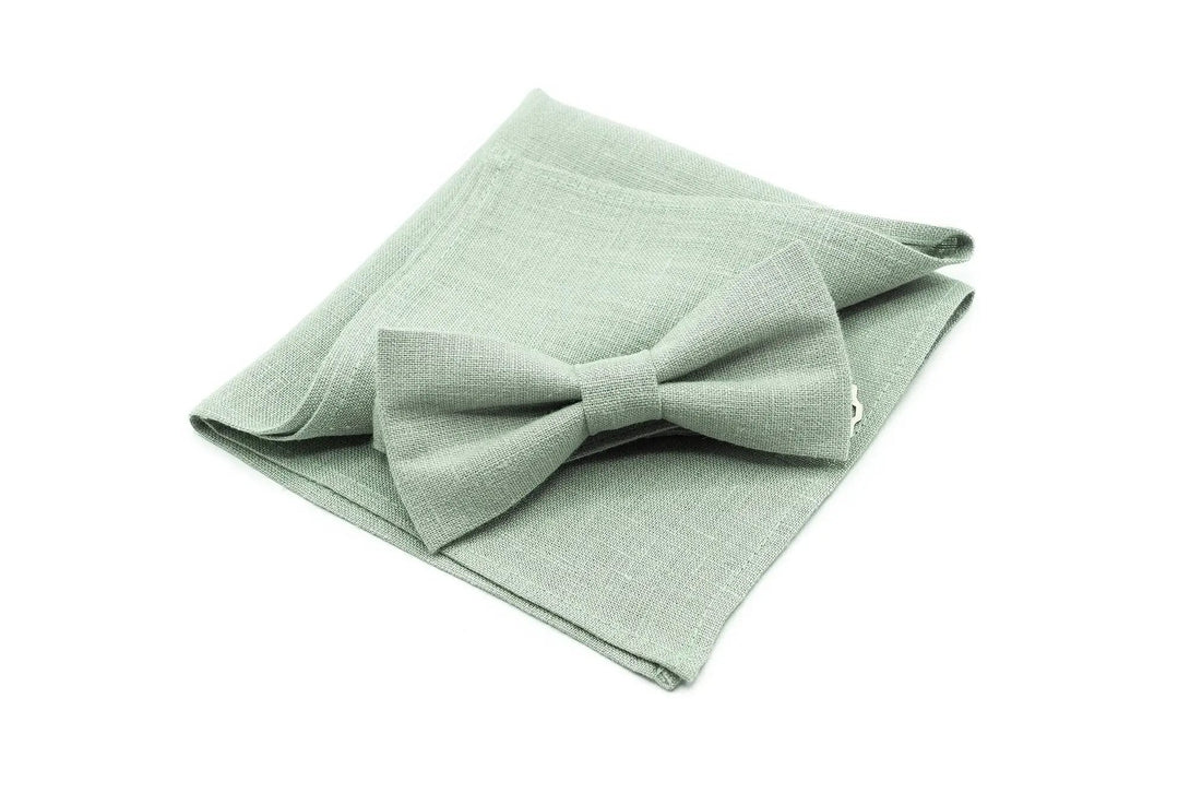 Dusty Sage Green wedding bow ties for groomsmen available with matching handkerchief / Ring bearer bow tie or linen necktie for man