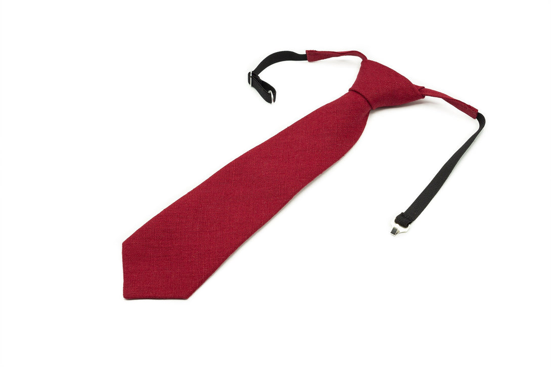 Burgundy Red Pre - Tied linen groomsmen and groom wedding necktie available with matching pocket square / Pre - Tied Boy's Dark red necktie