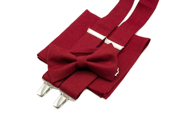 Burgundy Red pre-tied bow ties available with matching pocket square or Y-back suspenders for men and boys / Dark Cherry red wedding ties