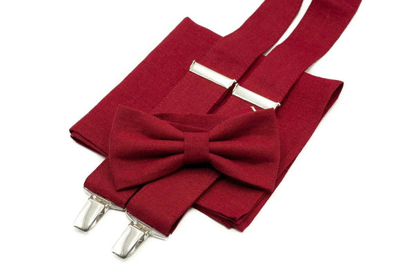 Burgundy Red butterfly bow ties for men and boys available with matching pocket square or Y-back suspenders / Dark Cherry red wedding ties