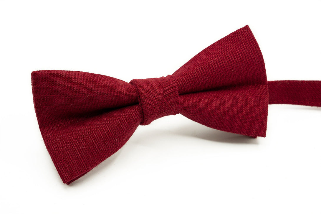 Burgundy red mens linen wedding bow ties