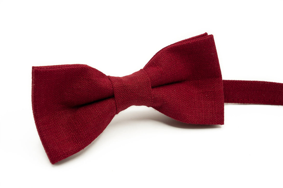 Burgundy Dark Red linen bow ties for men and toddler baby boys available with matching pocket square or suspenders / Lovely gift for men