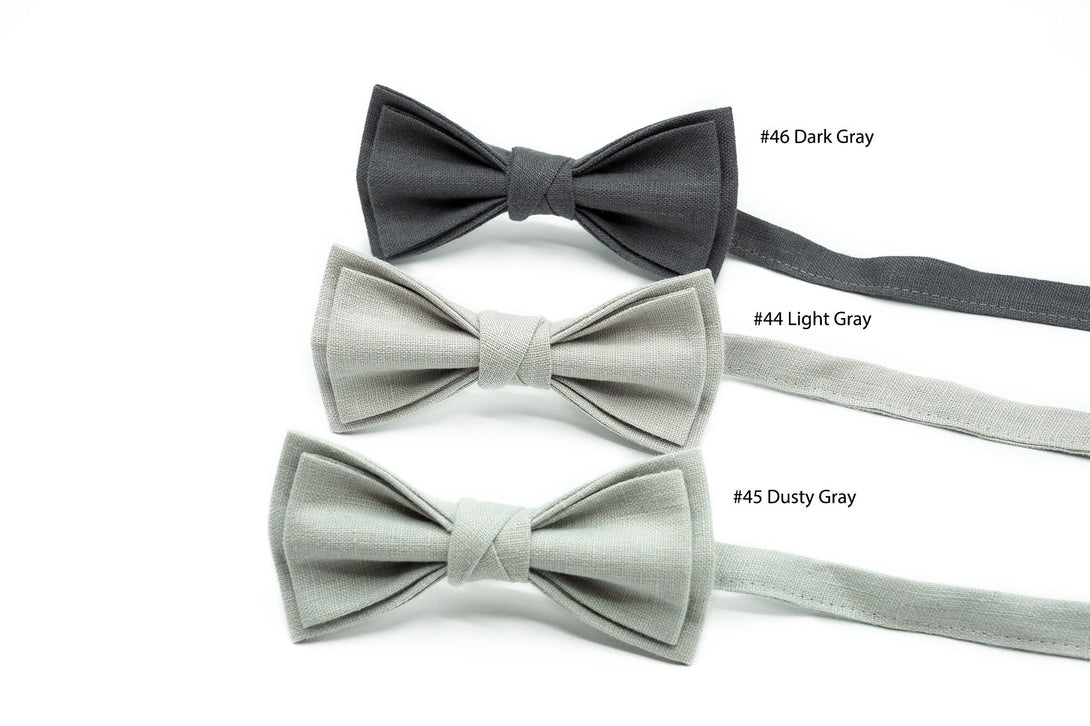 Custom color pretied linen bow ties for wedding available with matching pocket square / Dark Gray, Light Gray or Dusty Gray ties