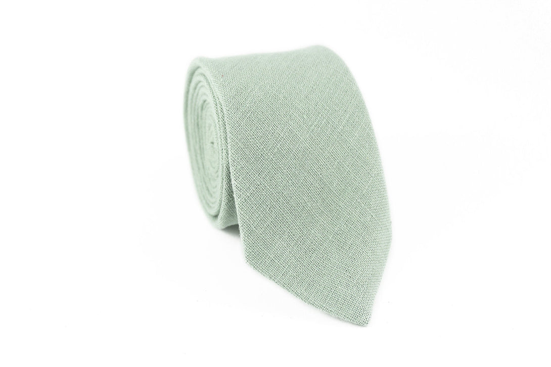 Dusty light sage green classic linen men's necktie for weddings