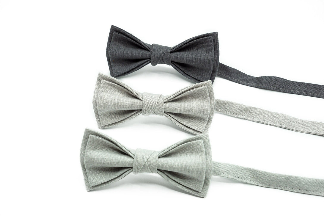 Custom color pretied linen bow ties for wedding available with matching pocket square / Dark Gray, Light Gray or Dusty Gray ties